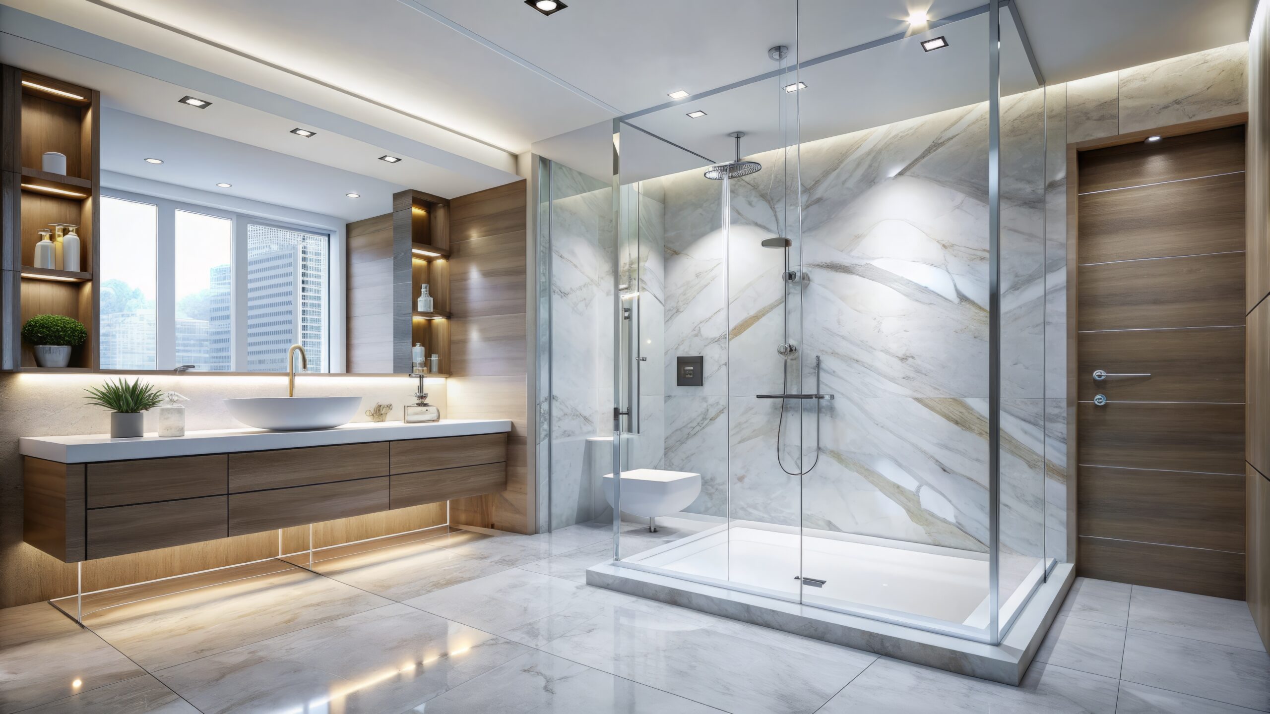 Modern bathroom features a sleek, frameless glass shower enclosure with chrome fixtures and a rainfall showerhead, surrounded by white marble and subtle LED lighting.