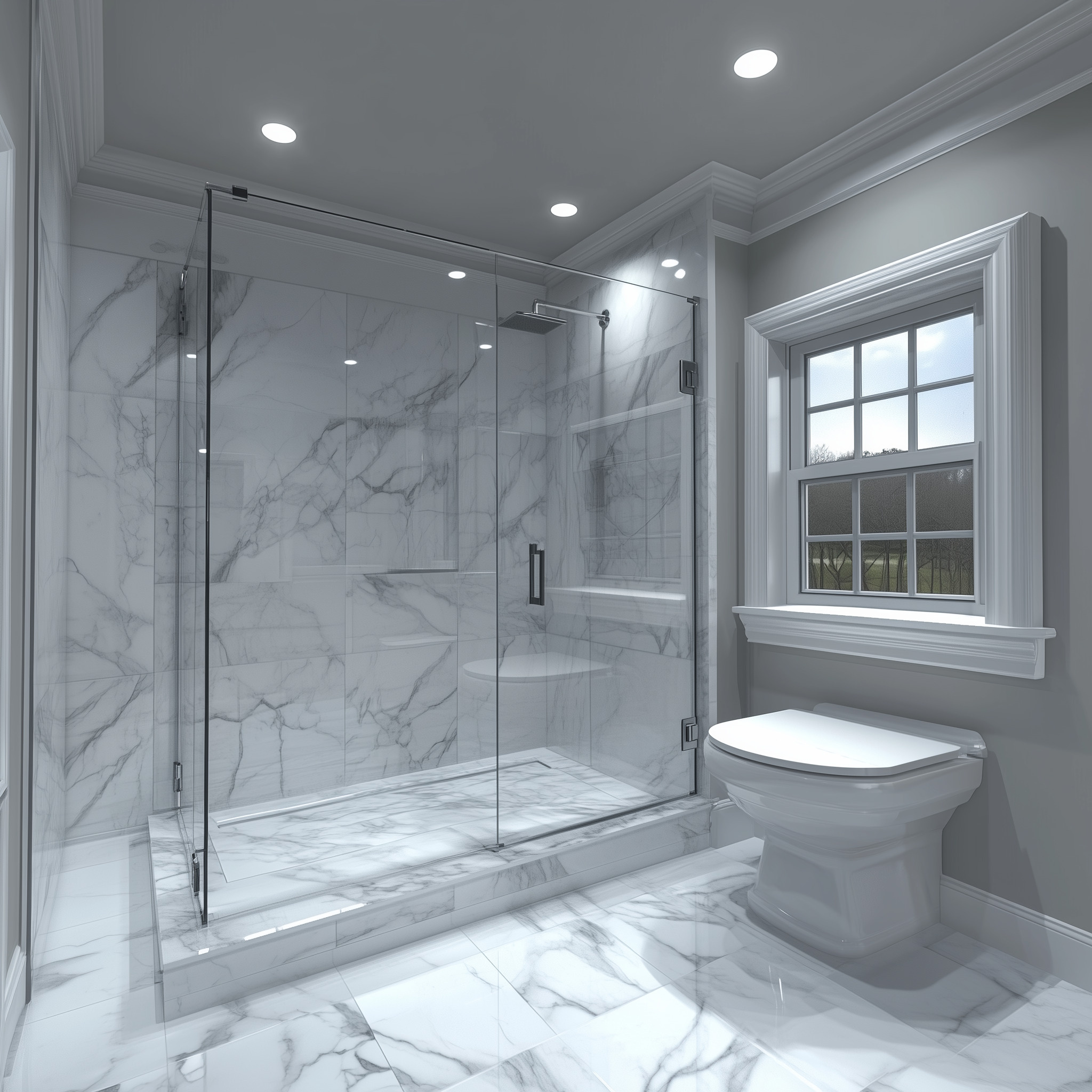 A 3D rendering of a luxury bathroom featuring marble walls, a frameless glass shower, and soft recessed lighting creating a spa-like ambiance.